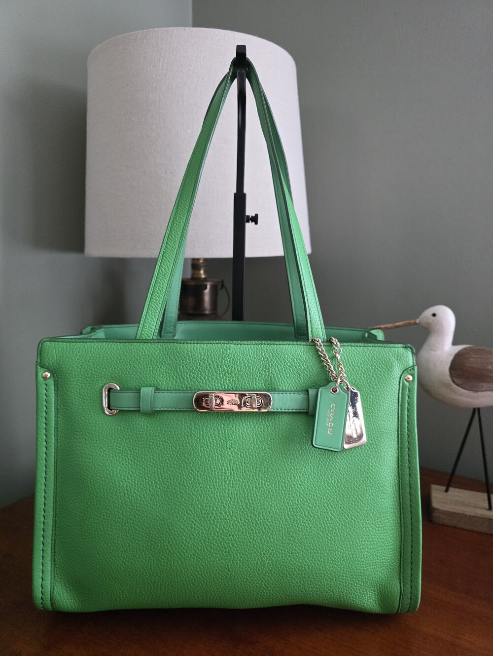 Coach Swagger Tote 34915 Kelly Green Pebbled Leather Shoulder Bag